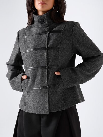 LYSMO Women's Vintage Smart Casual Casual Elegant Frog Button Fashion Long Sleeve High Neck Overcoat Office Dark Grey Autumn Outfit For Women