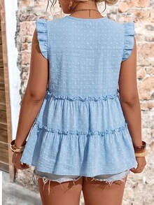 EMERY ROSE Plus Size Woven Polka Dot Pom Pom Jacquard V-Neck Short Flutter Sleeve Ruffle Patchwork Elegant Vacation Outing Daily Spring Summer Blouse - Baby Blue - View 2