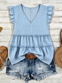 EMERY ROSE Plus Size Woven Polka Dot Pom Pom Jacquard V-Neck Short Flutter Sleeve Ruffle Patchwork Elegant Vacation Outing Daily Spring Summer Blouse - Baby Blue - View 4