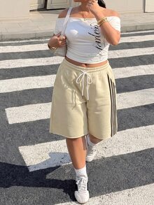 Muchica Plus Size Beige Wide-Leg Casual Soft Sports Shorts With Knitwear Gym Formal Work Office Sports Resort Formal Work Office Summer Summer - Pale Yellow - View 5