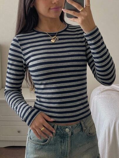 SHEIN Camiseta de manga larga a rayas para niñas preadolescentes, casual y versátil para uso diario, adecuada para otoño, invierno y la escuela