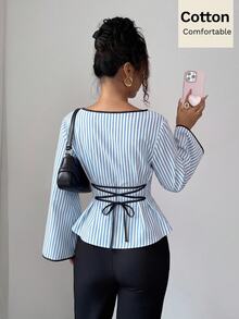 Siren Gaze 女款條紋圓領露背帶長袖休閒海濱風優雅襯衫 辦公室早午餐穿搭 藍白條紋 秋季 - 藍白色 - 查看 2