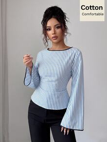 Siren Gaze 女款條紋圓領露背帶長袖休閒海濱風優雅襯衫 辦公室早午餐穿搭 藍白條紋 秋季 - 藍白色 - 查看 7
