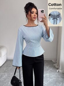 Siren Gaze 女款條紋圓領露背帶長袖休閒海濱風優雅襯衫 辦公室早午餐穿搭 藍白條紋 秋季 - 藍白色 - 查看 9
