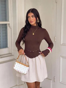 Siren Gaze Women's New Autumn/Winter Rivet Waist-Cinching A-Line Dress - Brown - View 8