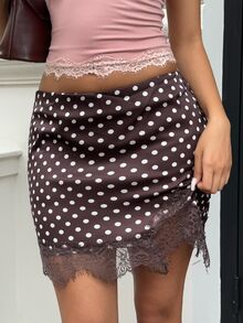 Siren Gaze Women's Polka Dot Lace Patchwork Casual Versatile Mini Skirt - Brown - View 4