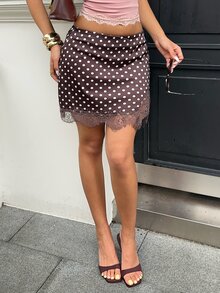 Siren Gaze Women's Polka Dot Lace Patchwork Casual Versatile Mini Skirt - Brown - View 7