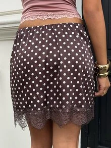 Siren Gaze Women's Polka Dot Lace Patchwork Casual Versatile Mini Skirt - Brown - View 2
