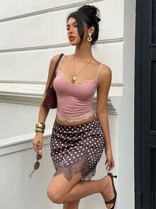 Siren Gaze Women's Polka Dot Lace Patchwork Casual Versatile Mini Skirt - Brown - View 6
