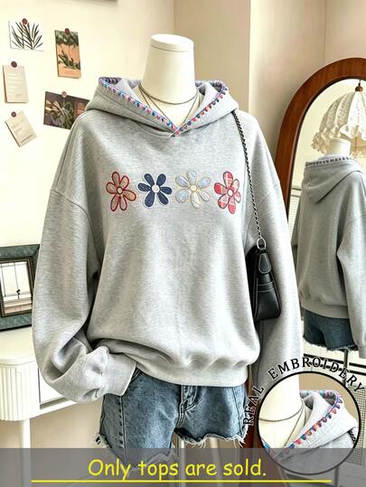 Lalippa Plus size avslappnad broderad hoodie med dragsko och lös passform för höst och vinter