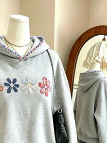 Lalippa 大尺碼秋季休閒刺繡抽繩寬鬆連帽衛衣 秋冬款 - 灰色 - 查看 3