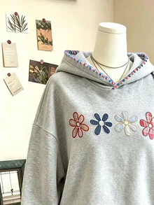 Lalippa 大尺碼秋季休閒刺繡抽繩寬鬆連帽衛衣 秋冬款 - 灰色 - 查看 5