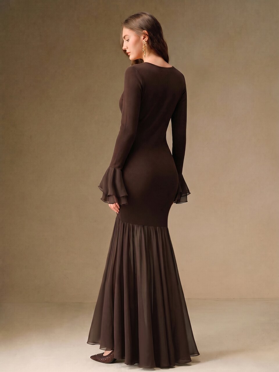 Elegant Versatile Commute Date Casual Square Neck Long Sleeve Knit Patchwork Slim Fit Bodycon Long Dress For Women