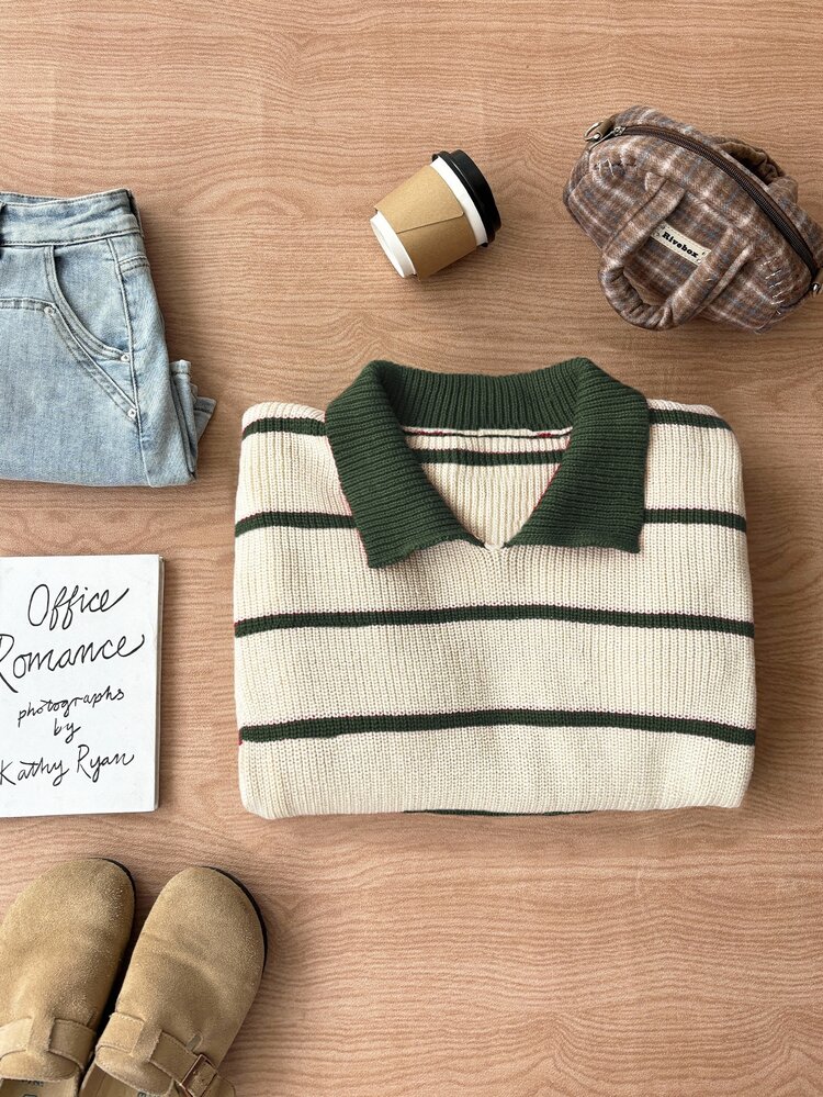 Flirla Chunky Knit Striped Pattern Crew Neck Sweater - Multicolor - View 3