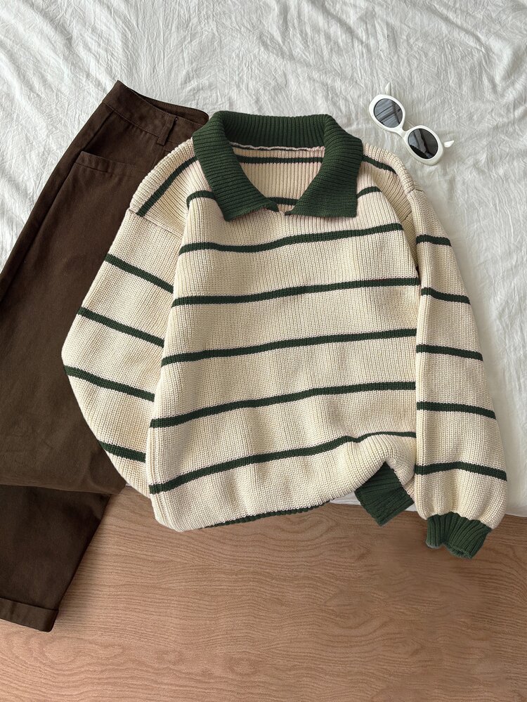 Flirla Chunky Knit Striped Pattern Crew Neck Sweater - Multicolor - View 1