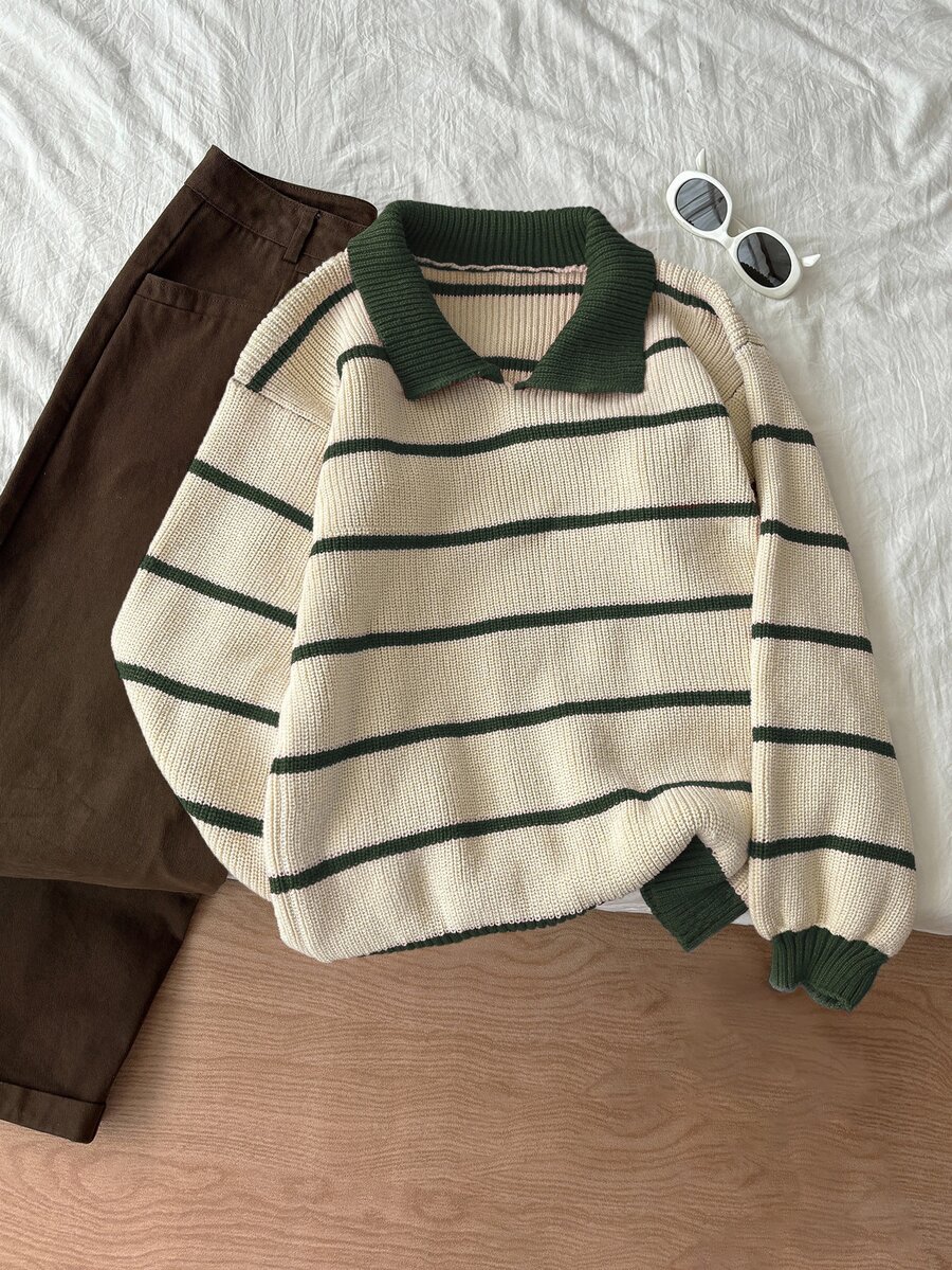 Flirla Chunky Knit Striped Pattern Crew Neck Sweater - Multicolor - View 1