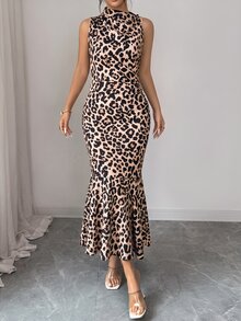 Rafferiza Women's Khaki Leopard-Print Fitted Mermaid Dress; Slim-Fit, Hip-Hugging Animal-Print Dress; Vintage, Sexy, And Elegant Party Dress. - Khaki - View 7