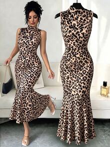 Rafferiza Women's Khaki Leopard-Print Fitted Mermaid Dress; Slim-Fit, Hip-Hugging Animal-Print Dress; Vintage, Sexy, And Elegant Party Dress. - Khaki - View 2