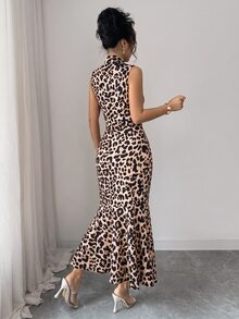 Rafferiza Women's Khaki Leopard-Print Fitted Mermaid Dress; Slim-Fit, Hip-Hugging Animal-Print Dress; Vintage, Sexy, And Elegant Party Dress. - Khaki - View 3