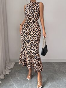 Rafferiza Women's Khaki Leopard-Print Fitted Mermaid Dress; Slim-Fit, Hip-Hugging Animal-Print Dress; Vintage, Sexy, And Elegant Party Dress. - Khaki - View 5