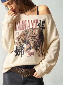 Bohemela 女款字母豹紋不對稱肩長袖休閒街頭風衛衣，適合外出、夜生活、度假，米色，秋季 - 杏色 - 查看 4