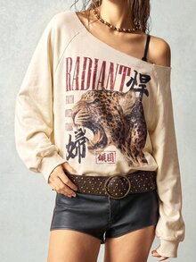 Bohemela 女款字母豹紋不對稱肩長袖休閒街頭風衛衣，適合外出、夜生活、度假，米色，秋季 - 杏色 - 查看 3