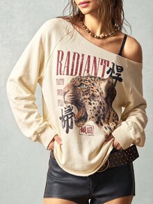 Bohemela 女款字母豹紋不對稱肩長袖休閒街頭風衛衣，適合外出、夜生活、度假，米色，秋季 - 杏色 - 查看 5