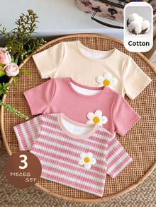 Baby Girls Simple Casual 3pcs Pieces Set Short Sleeve Top Suitable For Summer - White - View 1