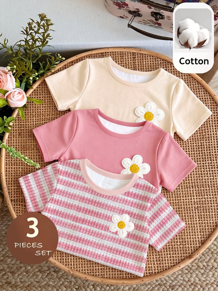 Baby Girls Simple Casual 3pcs Pieces Set Short Sleeve Top Suitable For Summer - White - View 1
