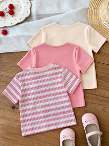 Baby Girls Simple Casual 3pcs Pieces Set Short Sleeve Top Suitable For Summer - White - View 2