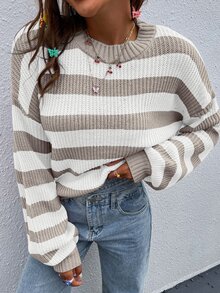 SHEIN Striped Pattern Drop Shoulder Sweater,Long Sleeve Tops Knit Pullover Fall Winter Sweater - Multicolor - View 5