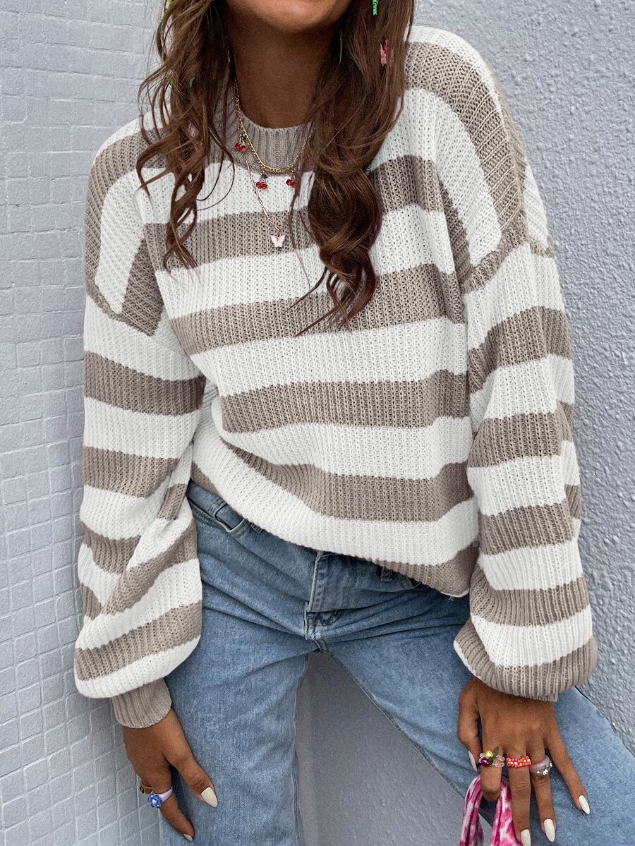 SHEIN Striped Pattern Drop Shoulder Sweater,Long Sleeve Tops Knit Pullover Fall Winter Sweater - Multicolor - View 1