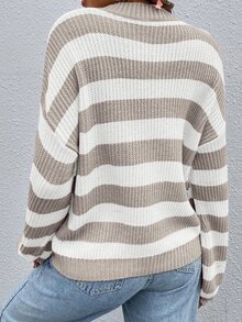 SHEIN Striped Pattern Drop Shoulder Sweater,Long Sleeve Tops Knit Pullover Fall Winter Sweater - Multicolor - View 3