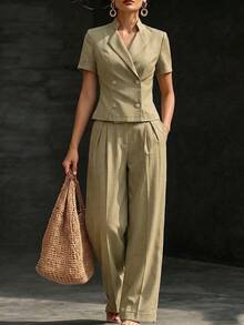 SHEIN Women's Versatile Button Short Sleeve Collared Shirt And Pleated Pocket Pants 2 Pieces Set - Army Green - View 1