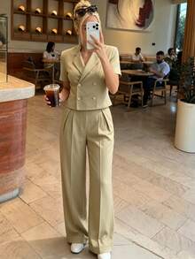 SHEIN Women's Versatile Button Short Sleeve Collared Shirt And Pleated Pocket Pants 2 Pieces Set - Army Green - View 6