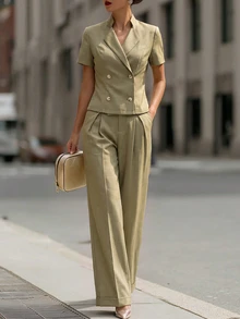 SHEIN Women's Versatile Button Short Sleeve Collared Shirt And Pleated Pocket Pants 2 Pieces Set - Army Green - View 3