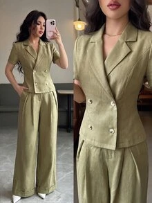 SHEIN Women's Versatile Button Short Sleeve Collared Shirt And Pleated Pocket Pants 2 Pieces Set - Army Green - View 5