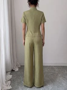 SHEIN Women's Versatile Button Short Sleeve Collared Shirt And Pleated Pocket Pants 2 Pieces Set - Army Green - View 2