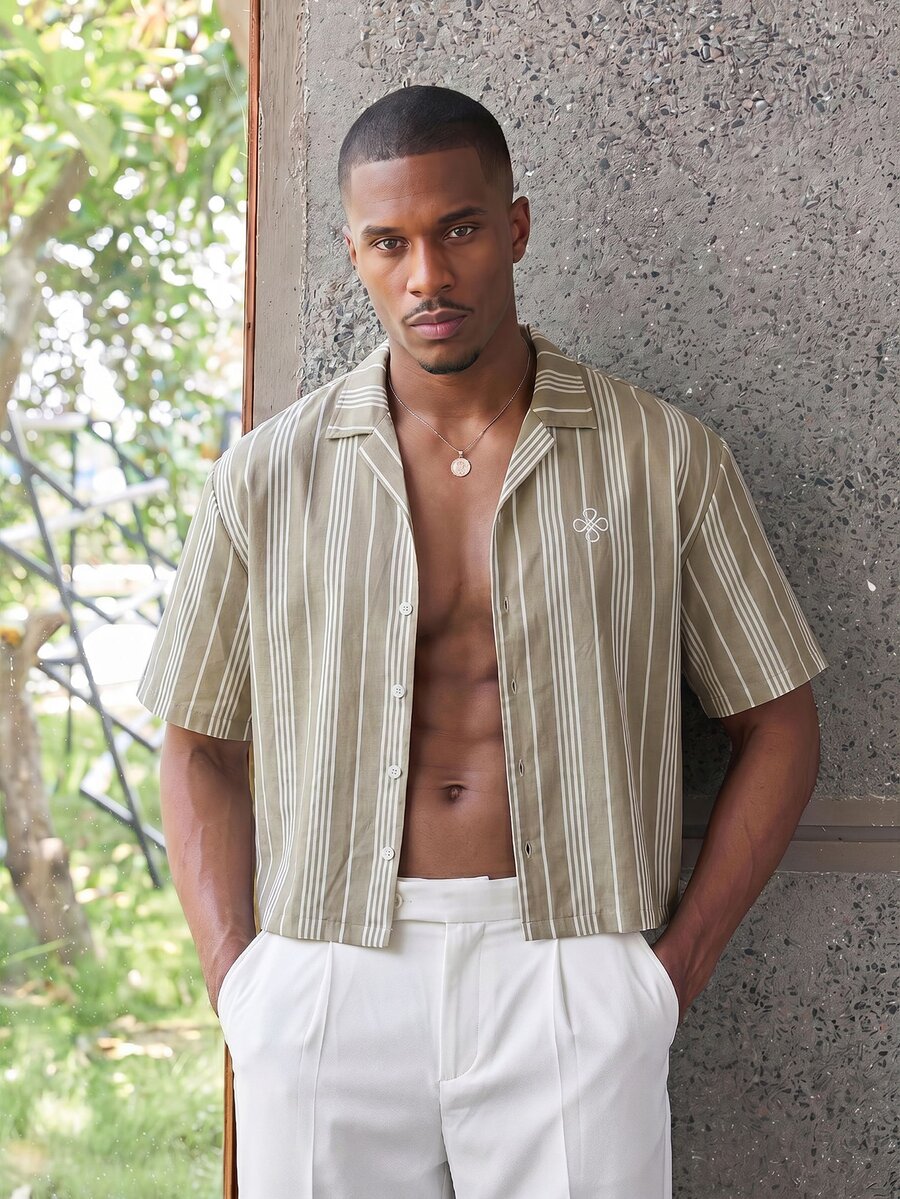ESTAVOR Men's Striped Casual Versatile Daily Wear Shirt - Khaki - View 1