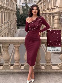 Modelyn Women's Elegant Pearl Embellished Asymmetric Neck Long Sleeve Ruched Waist Pleated Sophisticated Dress - Burgundy - View 7