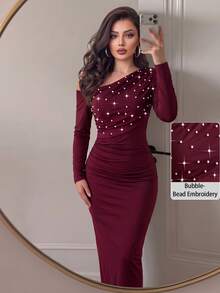 Modelyn Women's Elegant Pearl Embellished Asymmetric Neck Long Sleeve Ruched Waist Pleated Sophisticated Dress - Burgundy - View 2
