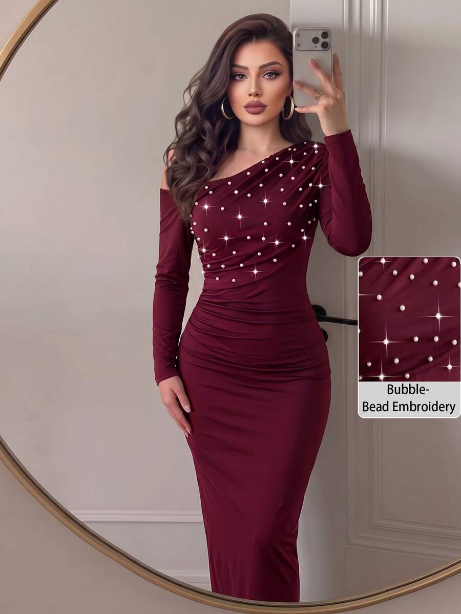 Modelyn Women's Elegant Pearl Embellished Asymmetric Neck Long Sleeve Ruched Waist Pleated Sophisticated Dress