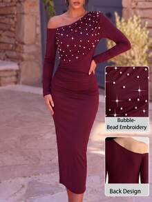 Modelyn Women's Elegant Pearl Embellished Asymmetric Neck Long Sleeve Ruched Waist Pleated Sophisticated Dress - Burgundy - View 9