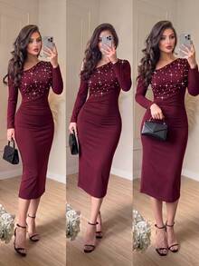 Modelyn Women's Elegant Pearl Embellished Asymmetric Neck Long Sleeve Ruched Waist Pleated Sophisticated Dress - Burgundy - View 4