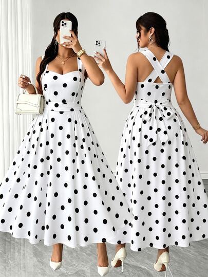 Elenzga Plus-Size Women's Elegant Polka Dot Wrap Dress In High-Elasticity Fabric With A Tie Waist And Bow Detail. Versatile Design, Suitable For Parties, Music Festivals, Casual Wear, Vacations, Dates, Valentine's Day, And Other Occasions.