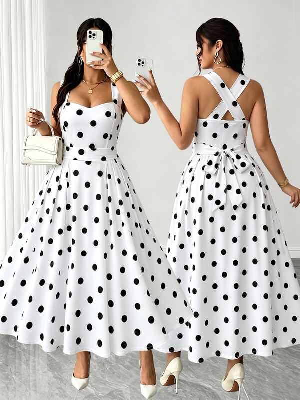 Elenzga Plus-Size Women's Elegant Polka Dot Wrap Dress In High-Elasticity Fabric With A Tie Waist And Bow Detail. Versatile Design, Suitable For Parties, Music Festivals, Casual Wear, Vacations, Dates, Valentine's Day, And Other Occasions.