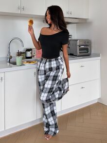 ZzzCrew 2pcs Women Asymmetrical Shoulder Sexy Top And Plaid Pants Pajama Set - Multicolor - View 4