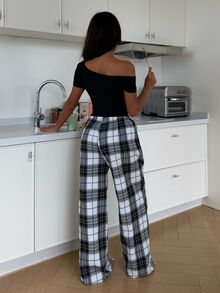 ZzzCrew 2pcs Women Asymmetrical Shoulder Sexy Top And Plaid Pants Pajama Set - Multicolor - View 2