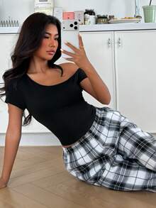 ZzzCrew 2pcs Women Asymmetrical Shoulder Sexy Top And Plaid Pants Pajama Set - Multicolor - View 6