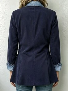 Linhara CURVE Spring/Autumn Corduroy Patchwork Denim Contrast Color Personalized Commute Casual Elegant Plus Size Blazer - Royal Blue - View 2